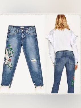 Zara | Premium Denim Collection Crane Floral Embroidered Distressed Jeans Size 2